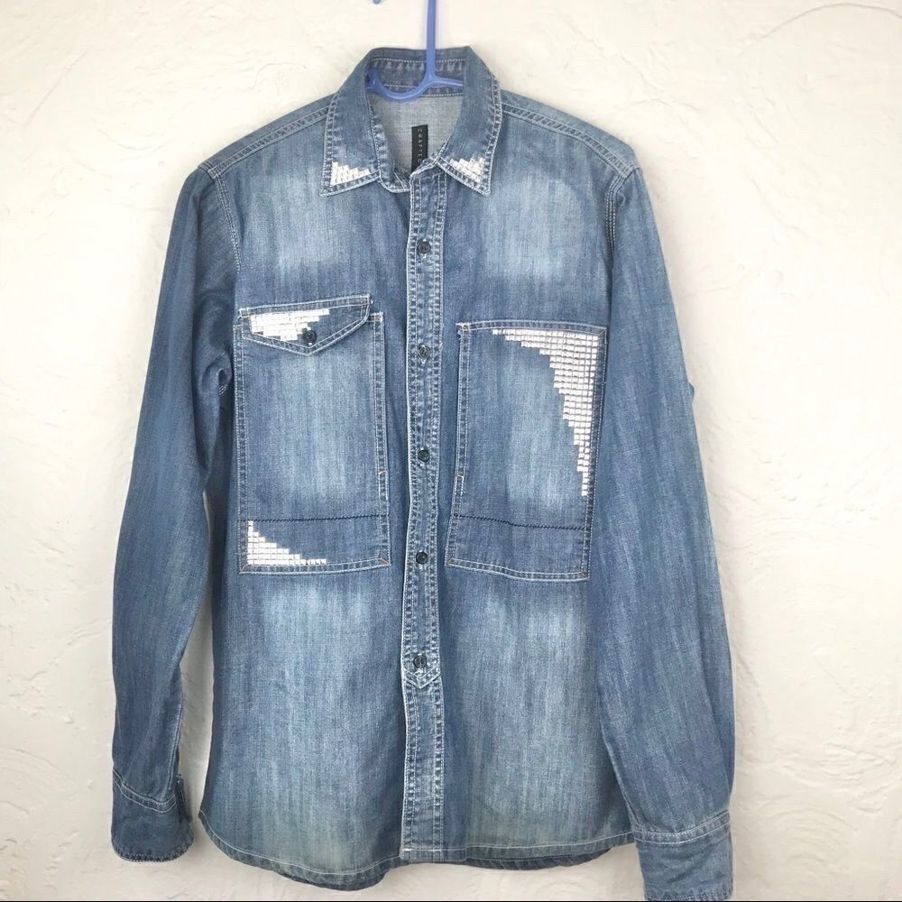 Crafted Silver Metallic Stud Embellished Blue Denim Long Sleeve Shirt